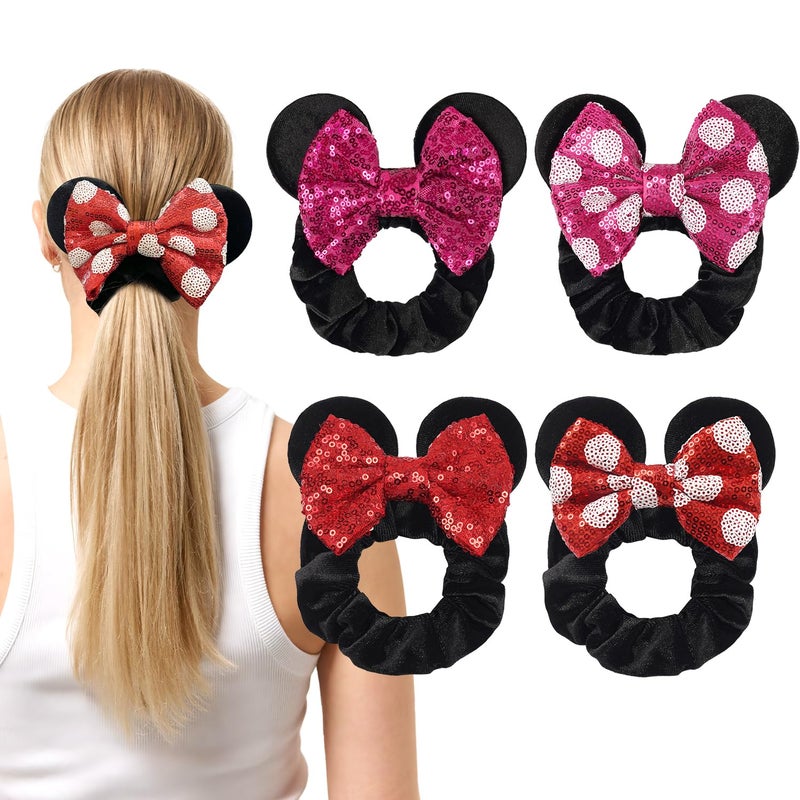 CellElection 4 Pack Mouse Ears Scrunchies Sequin Mouse Bows Velvet Hair Scrunchies Hair Ties Elastic Rubber Bands Ponytail Holders for Kids Women Girls - Image 1
